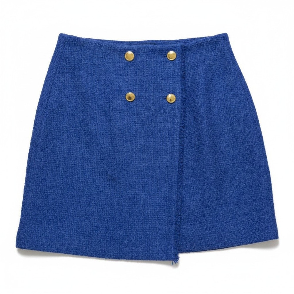 Talbots Tweed Faux Wrap Skirt Women 10 Blue Gold Button Fringed Trim Preppy